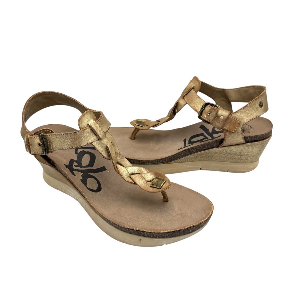 OTBT Graceville Braided Leather Metallic Gold Pewter Wedge Thong Sandals Boho